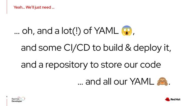 Yeah… We’ll just need …
6
… oh, and a lot(!) of YAML 😱,
and some CI/CD to build & deploy it,
and a repository to store our code
… and all our YAML 🙈.
