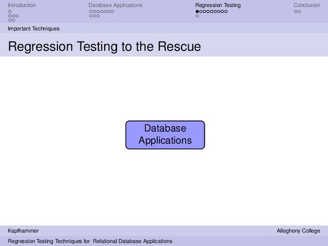 Introduction Database Applications Regression Testing Conclusion
Important Techniques
Regression Testing to the Rescue
Database
Applications
Kapfhammer Allegheny College
Regression Testing Techniques for Relational Database Applications
