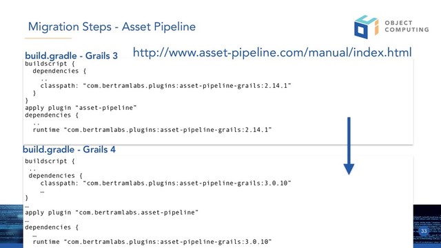 © 2019, Object Computing, Inc. (OCI). All rights reserved. objectcomputing.com 33
Migration Steps - Asset Pipeline
buildscript {
dependencies {
..
classpath: “com.bertramlabs.plugins:asset-pipeline-grails:2.14.1”
}
}
apply plugin “asset-pipeline”
dependencies {
..
runtime “com.bertramlabs.plugins:asset-pipeline-grails:2.14.1”
build.gradle - Grails 3
build.gradle - Grails 4
buildscript {
..
dependencies {
classpath: “com.bertramlabs.plugins:asset-pipeline-grails:3.0.10”
…
}
…
apply plugin “com.bertramlabs.asset-pipeline”
…
dependencies {
…
runtime “com.bertramlabs.plugins:asset-pipeline-grails:3.0.10”
http://www.asset-pipeline.com/manual/index.html
