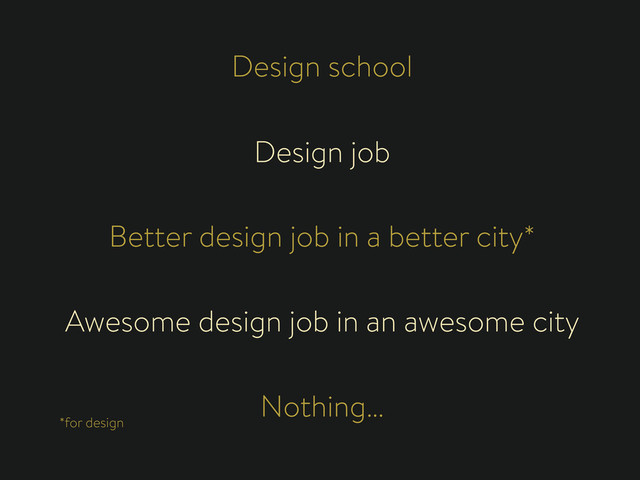 Design school
Design job
Better design job in a better city*
Nothing…
*for design
Awesome design job in an awesome city
