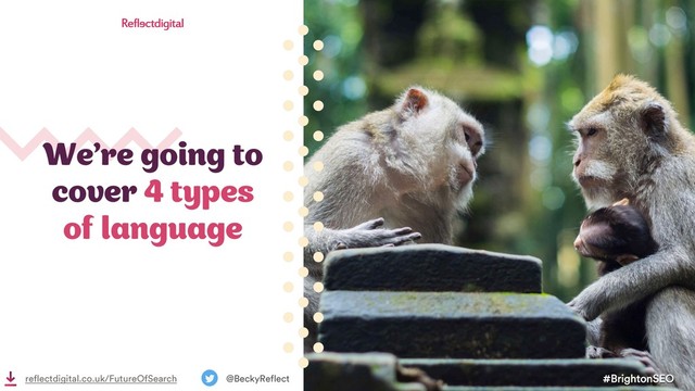 We’re going to
cover 4 types
of language
#BrightonSEO
@BeckyReflect
reflectdigital.co.uk/FutureOfSearch
