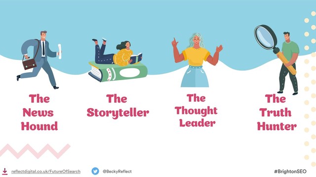 reflectdigital.co.uk/FutureOfSearch #BrightonSEO
@BeckyReflect
The
Storyteller
The
Thought
Leader
The
Truth
Hunter
The
News
Hound
