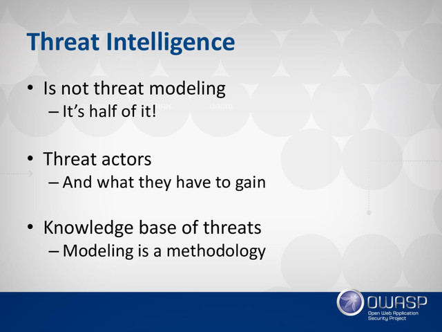 Threat Intelligence
• Is not threat modeling
– It’s half of it!
• Threat actors
– And what they have to gain
• Knowledge base of threats
– Modeling is a methodology
