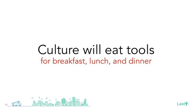 Culture will eat tools
for breakfast, lunch, and dinner
57
