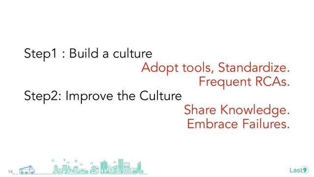 Step1 : Build a culture
Adopt tools, Standardize.
Frequent RCAs.
Step2: Improve the Culture
Share Knowledge.
Embrace Failures.
58

