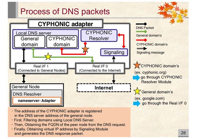 General domain’s
(ex. google.com)
go through the Real I/F 0
CYPHONIC domain’s
(ex. cyphonic.org)
go through CYPHONIC
Resolver Module
Process of DNS packets
28
CYPHONIC adapter
CYPHONIC
Resolver
Local DNS server
General
domain
CYPHONIC
domain
Signaling
Real I/F 1
(Connected to General Nodes)
nameserver: Adapter
General Node
DNS Resolver
Internet
・The address of the CYPHONIC adapter is registered
in the DNS server address of the general node.
・First, Filtering domains using Local DNS Server.
・Then, Obtaining the FQDN of the peer node from the DNS request.
・Finally, Obtaining virtual IP address by Signaling Module
and generates the DNS response packet.
Real I/F 0
(Connected to the Internet)
Signaling message
CYPHONIC domain’s
DNS Packet
General domain’s
