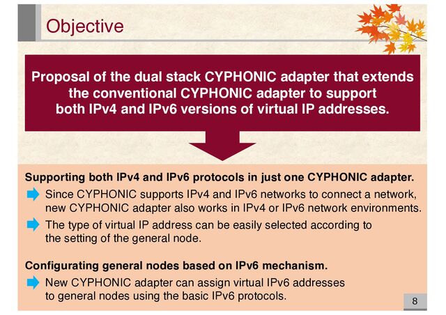 Objective
8
Proposal of the dual stack CYPHONIC adapter that extends
the conventional CYPHONIC adapter to support
both IPv4 and IPv6 versions of virtual IP addresses.
Supporting both IPv4 and IPv6 protocols in just one CYPHONIC adapter.
Since CYPHONIC supports IPv4 and IPv6 networks to connect a network,
new CYPHONIC adapter also works in IPv4 or IPv6 network environments.
The type of virtual IP address can be easily selected according to
the setting of the general node.
Configurating general nodes based on IPv6 mechanism.
New CYPHONIC adapter can assign virtual IPv6 addresses
to general nodes using the basic IPv6 protocols.
