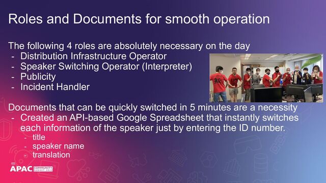 The following 4 roles are absolutely necessary on the day
- Distribution Infrastructure Operator
- Speaker Switching Operator (Interpreter)
- Publicity
- Incident Handler
Documents that can be quickly switched in 5 minutes are a necessity
- Created an API-based Google Spreadsheet that instantly switches
each information of the speaker just by entering the ID number.
- title
- speaker name
- translation
Roles and Documents for smooth operation
