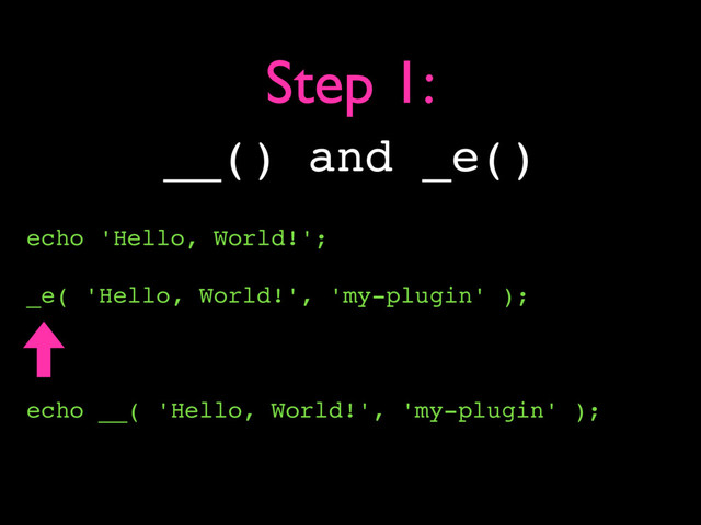 __() and _e()
echo 'Hello, World!';
_e( 'Hello, World!', 'my-plugin' );
echo __( 'Hello, World!', 'my-plugin' );
Step 1:

