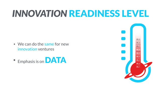 INNOVATION READINESS LEVEL
• We can do the same for new  
innovation ventures
• Emphasis is on
DATA
IRL 1
IRL 2
IRL 3
IRL 4
IRL 5
IRL 6
IRL 7
IRL 8
IRL 9
