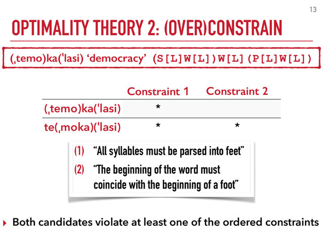 OPTIMALITY THEORY 2: (OVER)CONSTRAIN
13
(ˌtemo)ka(ˈlasi) ‘democracy’ (S[L]W[L])W[L](P[L]W[L])
(1) “All syllables must be parsed into feet”
(2) “The beginning of the word must
coincide with the beginning of a foot”
Constraint 1 Constraint 2
(ˌtemo)ka(ˈlasi) *
te(ˌmoka)(ˈlasi) * *
▸ Both candidates violate at least one of the ordered constraints
