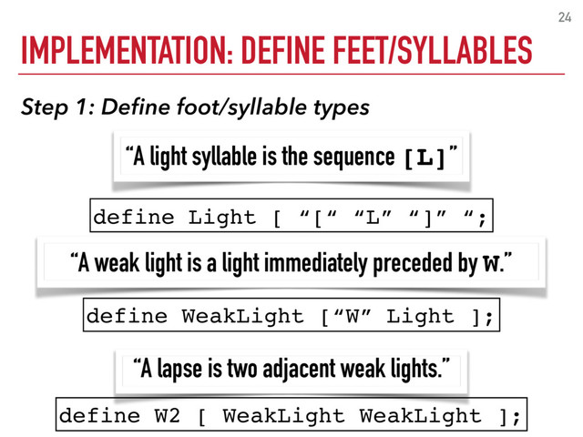 IMPLEMENTATION: DEFINE FEET/SYLLABLES
24
Step 1: Deﬁne foot/syllable types
define Light [ “[“ “L” “]” “;
define WeakLight [“W” Light ];
“A weak light is a light immediately preceded by W.”
“A light syllable is the sequence [L]”
“A lapse is two adjacent weak lights.”
define W2 [ WeakLight WeakLight ];
