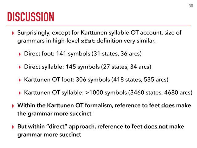 DISCUSSION
30
▸ Surprisingly, except for Karttunen syllable OT account, size of
grammars in high-level xfst deﬁnition very similar.
▸ Direct foot: 141 symbols (31 states, 36 arcs)
▸ Direct syllable: 145 symbols (27 states, 34 arcs)
▸ Karttunen OT foot: 306 symbols (418 states, 535 arcs)
▸ Karttunen OT syllable: >1000 symbols (3460 states, 4680 arcs)
▸ Within the Karttunen OT formalism, reference to feet does make
the grammar more succinct
▸ But within “direct” approach, reference to feet does not make
grammar more succinct
