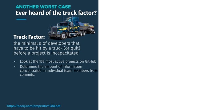 Truck Factor:
the minimal # of developers that
have to be hit by a truck (or quit)
before a project is incapacitated
ANOTHER WORST CASE
Ever heard of the truck factor?
https://peerj.com/preprints/1233.pdf
- Look at the 133 most active projects on GitHub
- Determine the amount of information
concentrated in individual team members from
commits.
