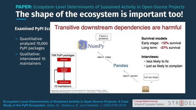 The shape of the ecosystem is important too!
PAPER: Ecosystem-Level Determinants of Sustained Activity in Open-Source Projects
Ecosystem-Level Determinants of Sustained Activity in Open-Source Projects: A Case
Study of the PyPI Ecosystem. Valiev, M., Vasilescu, B., and Herbsleb, J. ESEC/FSE 2018
Examined PyPI Ecosystem
- Quantitative:
analyzed 70,000
PyPI packages
- Qualitative:
interviewed 10
maintainers
