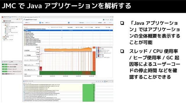 JMC で Java アプリケーションを解析する
❏ 「Java アプリケーショ
ン」ではアプリケーショ
ンの全体概要を表示する
ことが可能
❏ スレッド / CPU 使用率
/ ヒープ使用率 / GC 起
因等によるユーザーコー
ドの停止時間 などを確
認することができる

