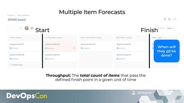 Finish
Start
When will
they all be
done?
Multiple Item Forecasts
Throughput: The total count of items that pass the
de
fi
ned
fi
nish point in a given unit of time
