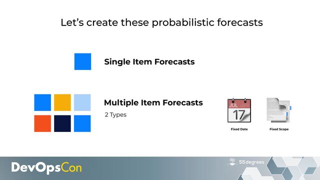 Single Item Forecasts
Multiple Item Forecasts
📆


Fixed Date
📑


Fixed Scope
2 Types
Let’s create these probabilistic forecasts

