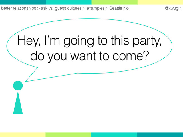@kwugirl
Hey, I’m going to this party,
do you want to come?
better relationships > ask vs. guess cultures > examples > Seattle No
