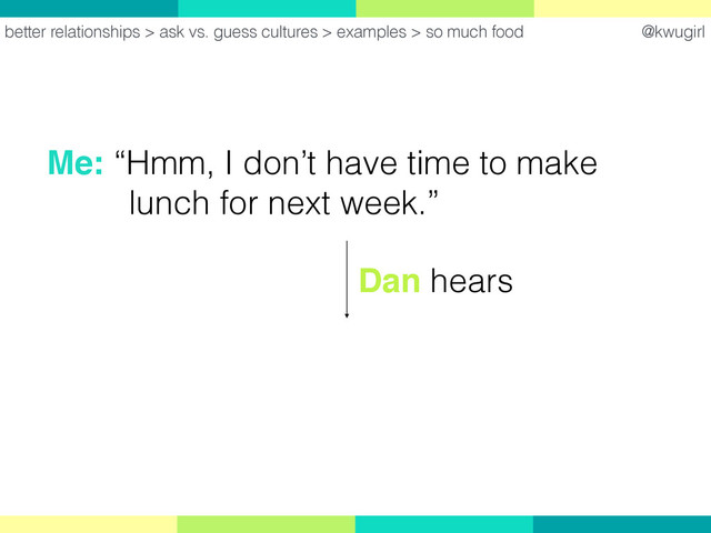 @kwugirl
better relationships > ask vs. guess cultures > examples > so much food
Me: “Hmm, I don’t have time to make  
lunch for next week.”
Dan hears
