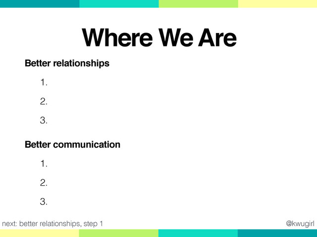 Better relationships!
1. Get people to want to help you
2. Make your team look good
3. Recognize Ask vs. Guess Cultures
Better communication!
1. Make it easy for people to help you
2. Ask good questions
3. Give good feedback
next: better relationships, step 1 @kwugirl
Where We Are
