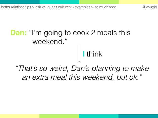 @kwugirl
better relationships > ask vs. guess cultures > examples > so much food
Dan: “I’m going to cook 2 meals this  
weekend.”
“That’s so weird, Dan’s planning to make
an extra meal this weekend, but ok.”
I think
