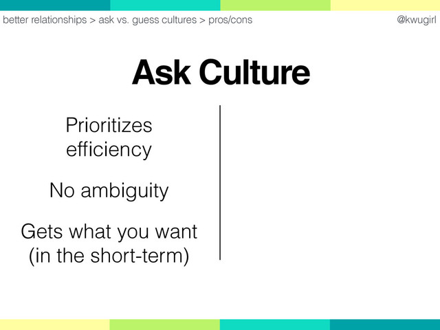 @kwugirl
Ask Culture
better relationships > ask vs. guess cultures > pros/cons
Prioritizes
efﬁciency
No ambiguity
Gets what you want 
(in the short-term)
