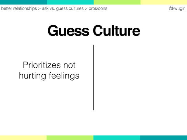 @kwugirl
Guess Culture
better relationships > ask vs. guess cultures > pros/cons
Prioritizes not  
hurting feelings

