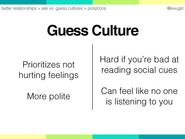 @kwugirl
Guess Culture
better relationships > ask vs. guess cultures > pros/cons
Hard if you’re bad at  
reading social cues
Can feel like no one
is listening to you
Prioritizes not  
hurting feelings
More polite
