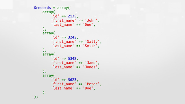 $records = array(
array(
'id' => 2135,
'first_name' => 'John',
'last_name' => 'Doe',
),
array(
'id' => 3245,
'first_name' => 'Sally',
'last_name' => 'Smith',
),
array(
'id' => 5342,
'first_name' => 'Jane',
'last_name' => 'Jones',
),
array(
'id' => 5623,
'first_name' => 'Peter',
'last_name' => 'Doe',
)
);

