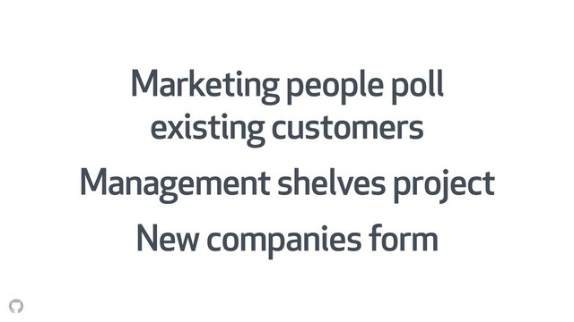Marketing people poll
existing customers
Management shelves project
New companies form
