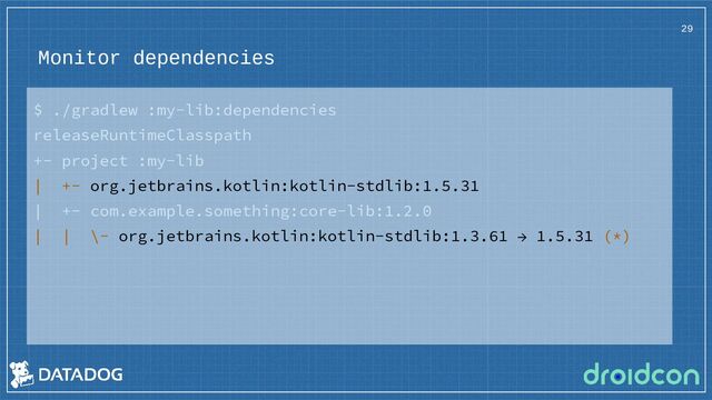Monitor dependencies
$ ./gradlew :my-lib:dependencies
releaseRuntimeClasspath
+- project :my-lib
| +- org.jetbrains.kotlin:kotlin-stdlib:1.5.31
| +- com.example.something:core-lib:1.2.0
| | \- org.jetbrains.kotlin:kotlin-stdlib:1.3.61 → 1.5.31 (*)
29
