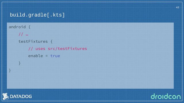 build.gradle[.kts]
42
android {
// …
testFixtures {
// uses src/testFixtures
enable = true
}
}
