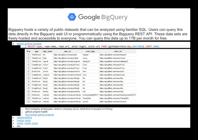 Bigquery hosts a variety of public datasets that can be analyzed using familiar SQL. Users can query this
data directly in the Bigquery web UI or programmatically using the Bigquery REST API. These data sets are
freely hosted and accessible to everyone. You can query this data up to 1TB per month for free.
 github archive preview
1 SELECT type, repo.name, repo.url, actor.login, actor.url FROM [githubarchive:day.20171010] LIMIT 1000;
o find company employees; what is company up to; what kind of people is it hiring
o github project health
o find similar github projects
 stackoverflow
 hacker news
 reddit, reddit_posts
 etc.
