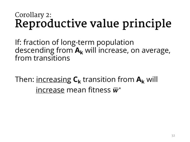 Corollary 2:
Reproductive value principle
If: fraction of long-term population
descending from Ak
will increase, on average,
from transitions
Then: increasing Ck
transition from Ak
will
increase mean fitness ,
∗
32
