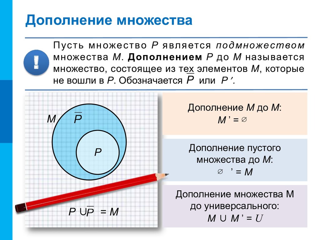 Покажите выполнив чертеж дополнение множества y до множества х если х множество точек прямой ав