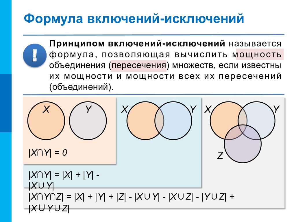 Пересечение множеств цифр. Формула мощности объединения трех множеств. Формула включений и исключений для трех множеств. Формула включений и исключений Информатика. Формула включений и исключений для двух множеств.