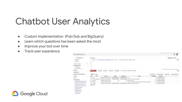 21
● Custom implementation (Pub/Sub and BigQuery)
● Learn which questions has been asked the most
● Improve your bot over time
● Track user experience
Chatbot User Analytics
