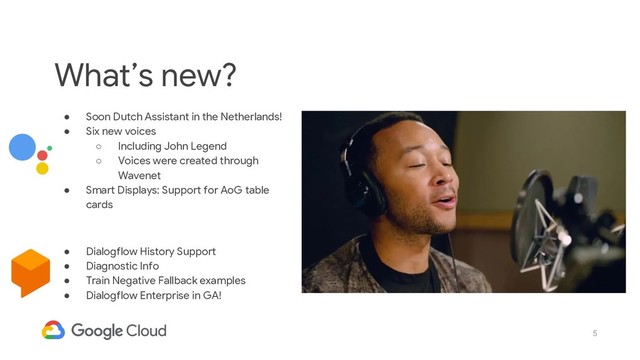 5
What’s new?
● Soon Dutch Assistant in the Netherlands!
● Six new voices
○ Including John Legend
○ Voices were created through
Wavenet
● Smart Displays: Support for AoG table
cards
● Dialogflow History Support
● Diagnostic Info
● Train Negative Fallback examples
● Dialogflow Enterprise in GA!
