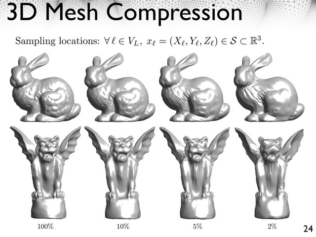 3D Mesh Compression
24
wavelet in order to approximately normalize the wavelets in ⇤2(VL
) norm.
Figure 3.9 shows an example of compression of the position of a vertex in 3D spaces as 3
functions deﬁned on a semi-regular mesh. Figure 3.10 shows an example of compression of a
spherical texture map which is a single function deﬁned at each vertex of a semi-regular mesh
obtained by subdividing an icosaedron.
100% 10% 5% 2%
Sampling locations: ⇤ ⇥ VL, x = (X , Y , Z ) ⇥ S R3.
