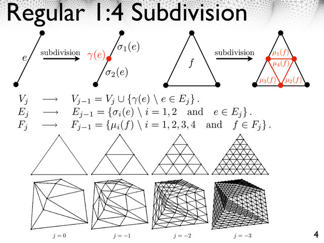 Regular 1:4 Subdivision
4
48 CHAPTER 3. MULTIRESOLUTION MESH PROCESSING
j = 0 j = 1 j = 2 j = 3
Vj
⇥ Vj 1
= Vj
⌅ { (e) \ e ⇤ Ej
} .
Ej
⇥ Ej 1
= { i
(e) \ i = 1, 2 and e ⇤ Ej
} .
Fj
⇥ Fj 1
= {µi
(f) \ i = 1, 2, 3, 4 and f ⇤ Fj
} .
e
1
(e)
2
(e)
(e) µ1
(f)
µ2
(f)
µ3
(f)
µ4
(f)
f
subdivision subdivision
