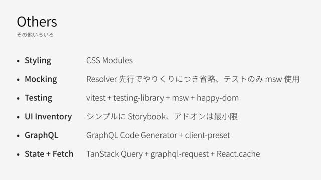 Others
その他いろいろ
• Styling
• Mocking
• Testing
• UI Inventory
• GraphQL
• State + Fetch
CSS Modules
Resolver 先⾏でやりくりにつき省略、テストのみ msw 使⽤
vitest + testing-library + msw + happy-dom
シンプルに Storybook、アドオンは最⼩限
GraphQL Code Generator + client-preset
TanStack Query + graphql-request + React.cache
