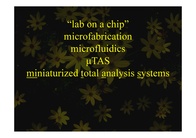 “l b hi ”
“lab on a chip”
microfabrication
microfabrication
microfluidics
μTAS
miniaturized total analysis systems
