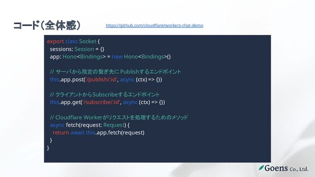 コード（全体感）
export class Socket {
sessions: Session = {}
app: Hono = new Hono()
// サーバから指定の繋ぎ先にPublishするエンドポイント
this.app.post('/publish/:id', async (ctx) => {})
// クライアントからSubscribeするエンドポイント
this.app.get('/subscribe/:id', async (ctx) => {})
// Cloudflare Workerがリクエストを処理するためのメソッド
async fetch(request: Request) {
return await this.app.fetch(request)
}
}
https://github.com/cloudflare/workers-chat-demo
