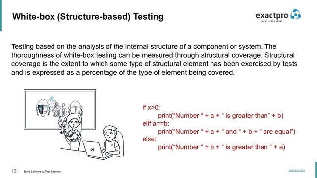 13 Build Software to Test Software
exactpro.com
White-box (Structure-based) Testing
Testing based on the analysis of the internal structure of a component or system. The
thoroughness of white-box testing can be measured through structural coverage. Structural
coverage is the extent to which some type of structural element has been exercised by tests
and is expressed as a percentage of the type of element being covered.
if x>0:
print(“Number “ + a + “ is greater than” + b)
elif a==b:
print(“Number “ + a + “ and “ + b + “ are equal”)
else:
print(“Number “ + b + “ is greater than ” + a)
