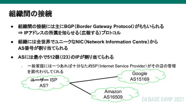 組織間の接続
● 組織間の接続には主にBGP（Border Gateway Protocol）がもちいられる
⇒ IPアドレスの所属を知らせる（広報する）プロトコル
● 組織には全世界でユニークなNIC（Network Information Centre）から
AS番号が割り当てられる
● ASには最小で512個（/23）のIPが割り当てられる
○
一般家庭には一つあれば十分なため
ISP（Internet Service Provider）がその辺の管理
を肩代わりしてくれる Google
AS15169
ユーザー ISP
AS?
Amazon
AS16509
