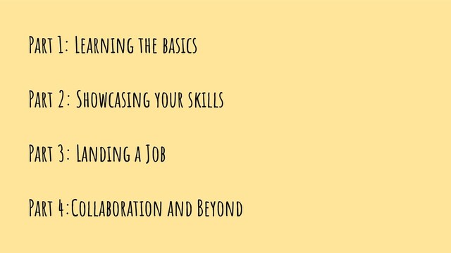 Part 1: Learning the basics
Part 2: Showcasing your skills
Part 3: Landing a Job
Part 4:Collaboration and Beyond
