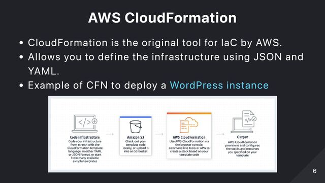 AWS CloudFormation
CloudFormation is the original tool for IaC by AWS.
Allows you to define the infrastructure using JSON and
YAML.
Example of CFN to deploy a WordPress instance
6
6
