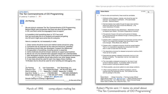 March of 1995 comp.object mailing list Robert Martin sent 11 items via email about
„The Ten Commandments of OO Programming‰
https://groups.google.com/d/msg/comp.object/WICPDcXAMG8/EbGa2Vt-7q0J
