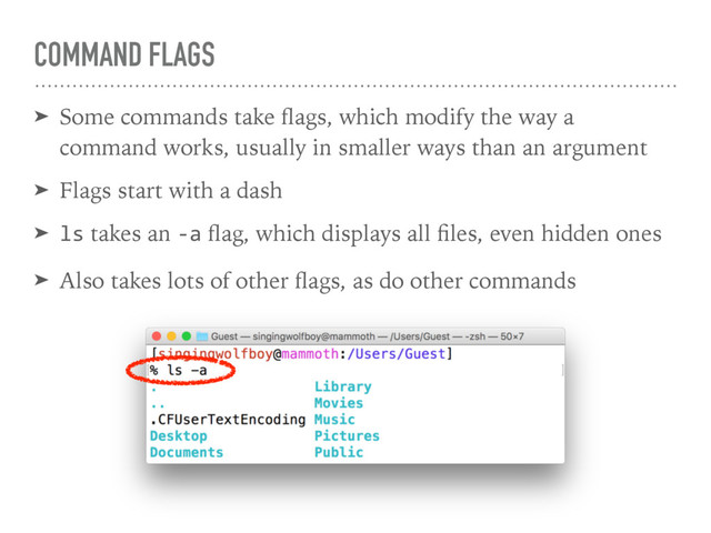 COMMAND FLAGS
➤ Some commands take ﬂags, which modify the way a
command works, usually in smaller ways than an argument
➤ Flags start with a dash
➤ ls takes an -a ﬂag, which displays all ﬁles, even hidden ones
➤ Also takes lots of other ﬂags, as do other commands
